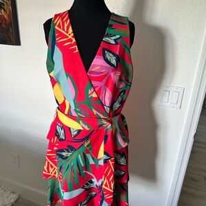 Alex Marie One-Shoulder Tropical Wrap Dress in Red and Green